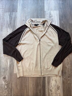Calvin Klein Jeans Men's Cream Beige Body Brown Sleeve Zip-Up Sweater Y2K